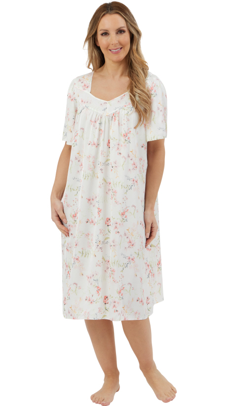 Marlon Water Colour Floral Matt Satin Chemise Short Sleeve Nightdress